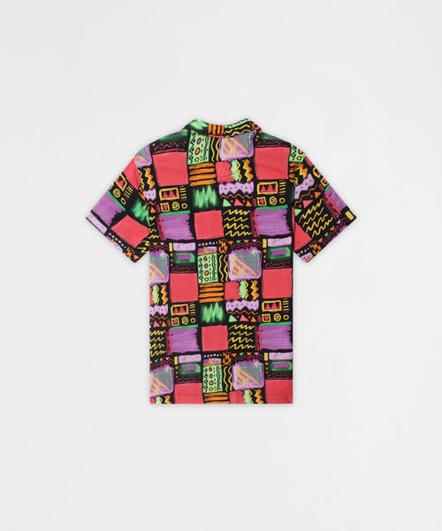 Abstract Patchwork Viscose Button-Down Short Sleeve Shirt - Multicolor