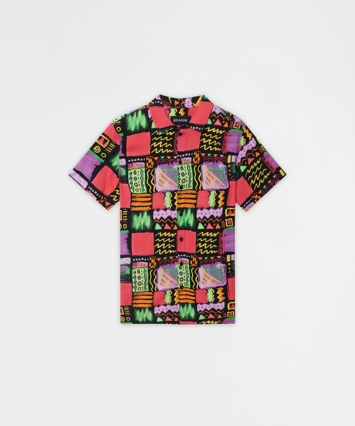 Abstract Patchwork Viscose Button-Down Short Sleeve Shirt - Multicolor