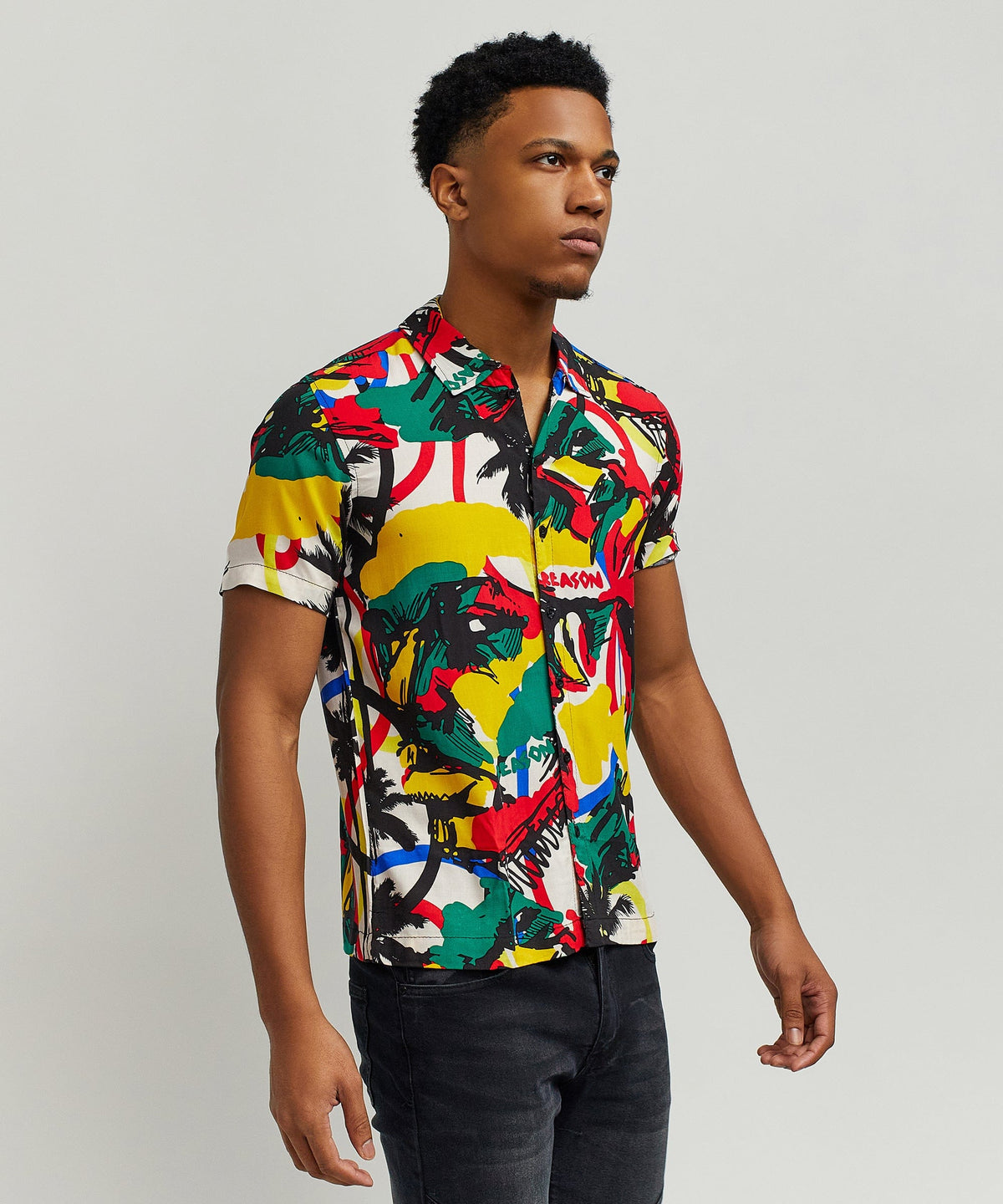 Abstract Viscose Button-Down Short Sleeve Shirt - Multicolor