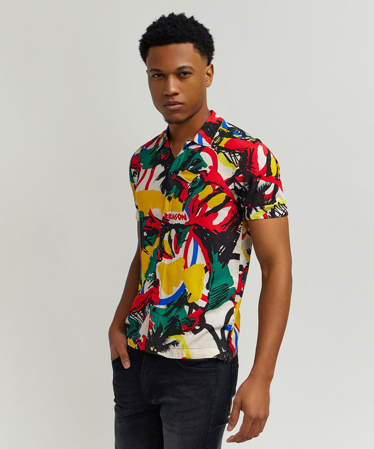 Abstract Viscose Button-Down Short Sleeve Shirt - Multicolor